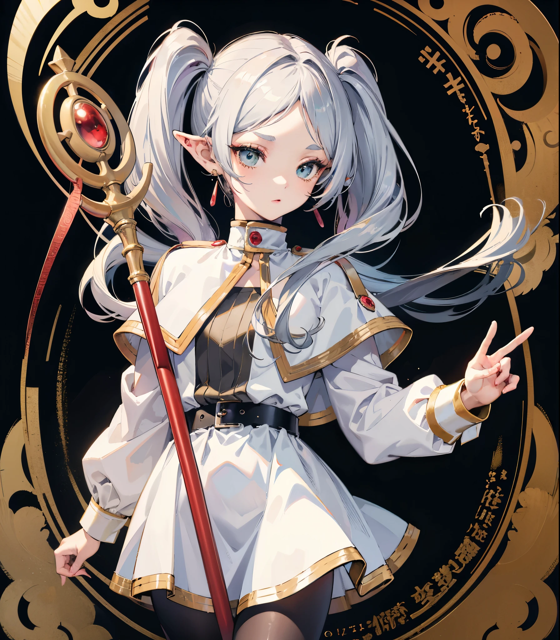 ((Highest quality)), ((masterpiece)), (detailed), Long Hair, Gray Hair, Twin tails, Pointed Ears, Earrings, Thick eyebrows, White capelet, Striped shirt, Long sleeve, belt, White Skirt, Black Pantyhose High resolution Holding a walking stick magic circle Shining Background,freeze,Upper Body