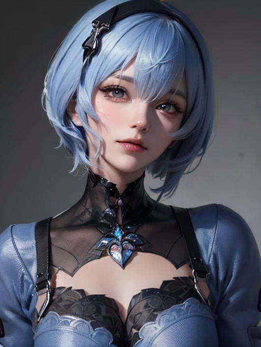 Masterpiece, Best Quality, 8K, Detailed Skin Texture, Detailed Cloth Texture, Beautiful Detail Face, Intricate Detail, Ultra Detailed, Portrait of Rei Ayanami, Blue Hair, Red Eyes, Head Tilt, No Background