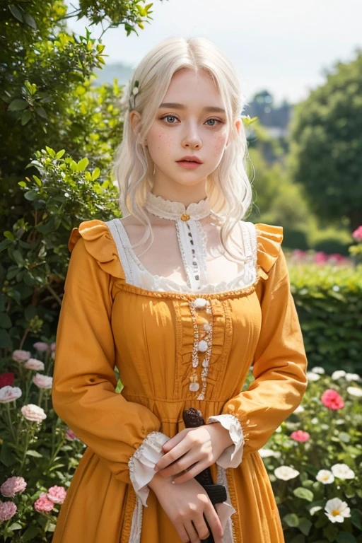 a young girl of 18 years, with , He has short, curly white hair.. she is very pretty, with Slavic skin and freckles, and she is wearing a long orange dress from the Victorian era. It is located in the garden of a castle, holding a katana with both hands