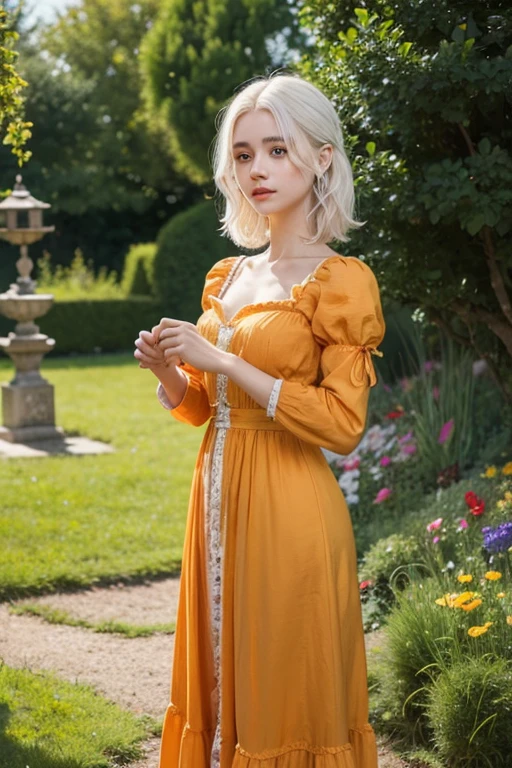 a young girl of 18 years, with , He has short, curly white hair.. she is very pretty, with Slavic skin and freckles, and she is wearing a long orange dress from the Victorian era. It is located on a hill, holding a medieval sword.