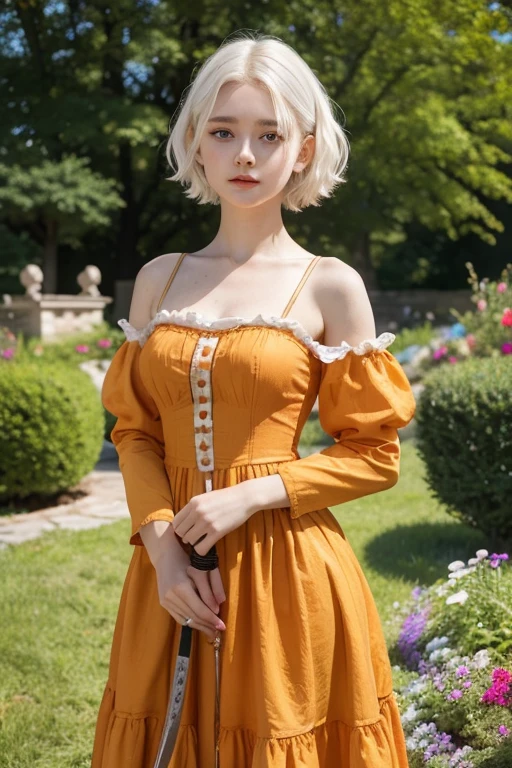 a young girl of 18 years, with , He has short, curly white hair.. she is very pretty, with Slavic skin and freckles, and she is wearing a long orange dress from the Victorian era. It is located on a hill, holding a medieval sword.