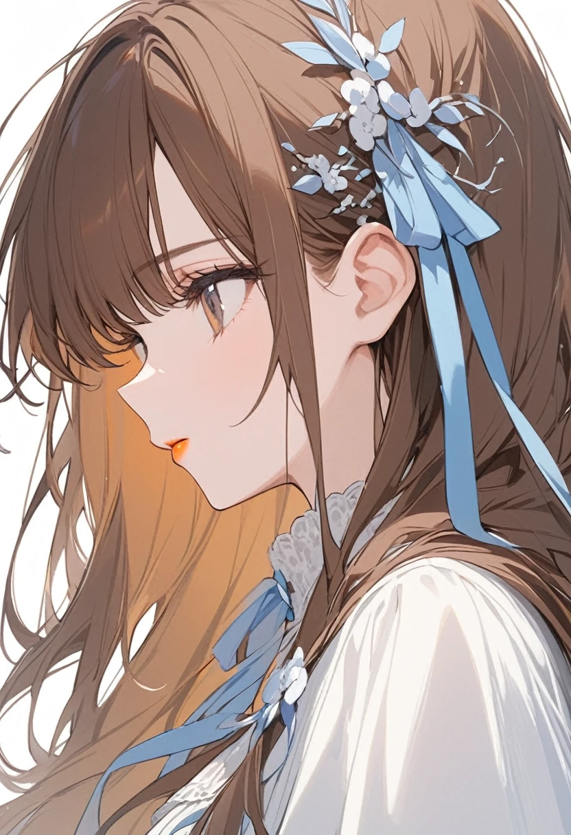 adult、woman、profile、Brown Hair、Long Hair、Close up of upper body、A large light blue ribbon hair ornament、Orange lipstick、Cute white clothes、White background