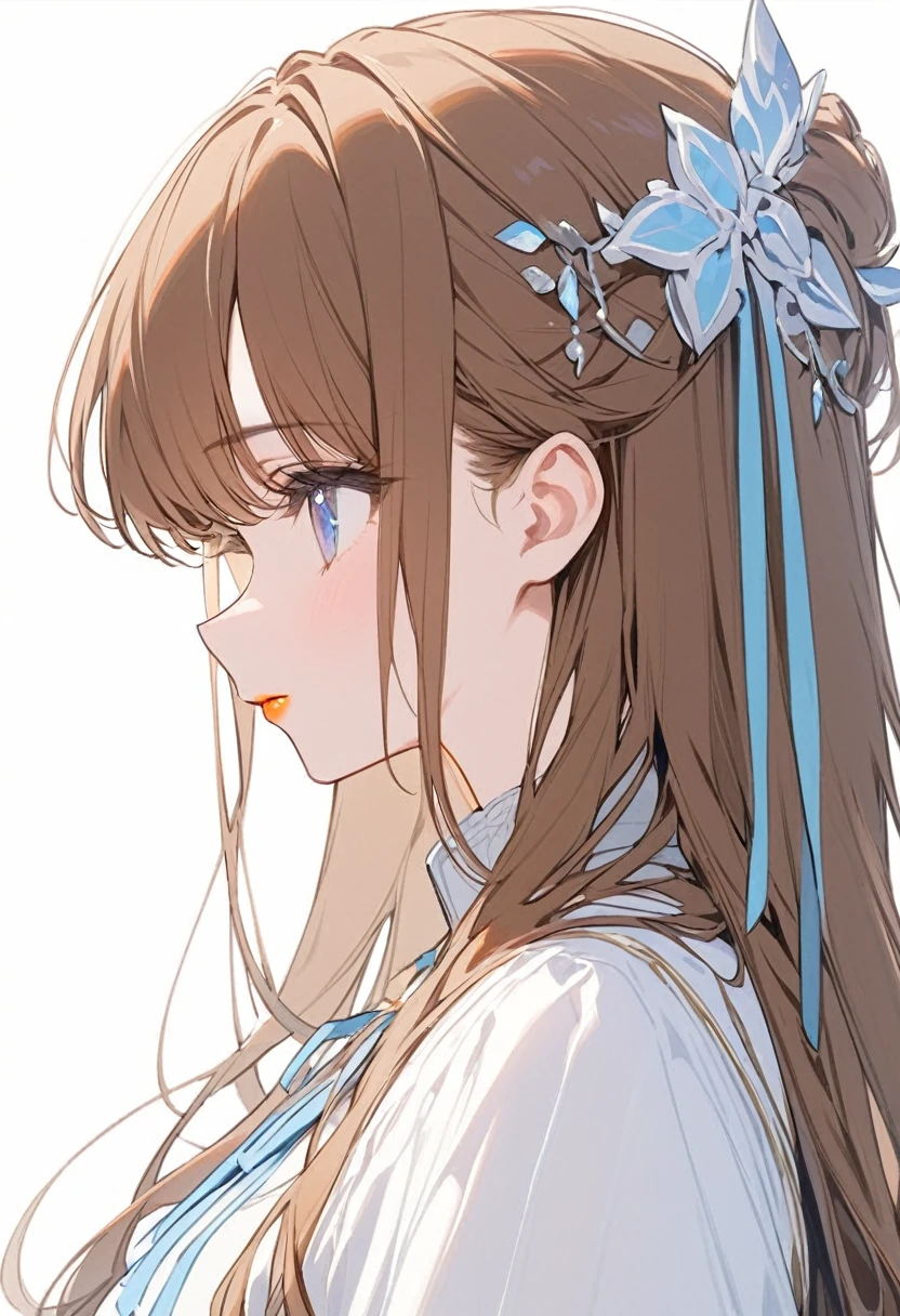 adult、woman、profile、Brown Hair、Long Hair、Close up of upper body、A large light blue ribbon hair ornament、Orange lipstick、Cute white clothes、White background