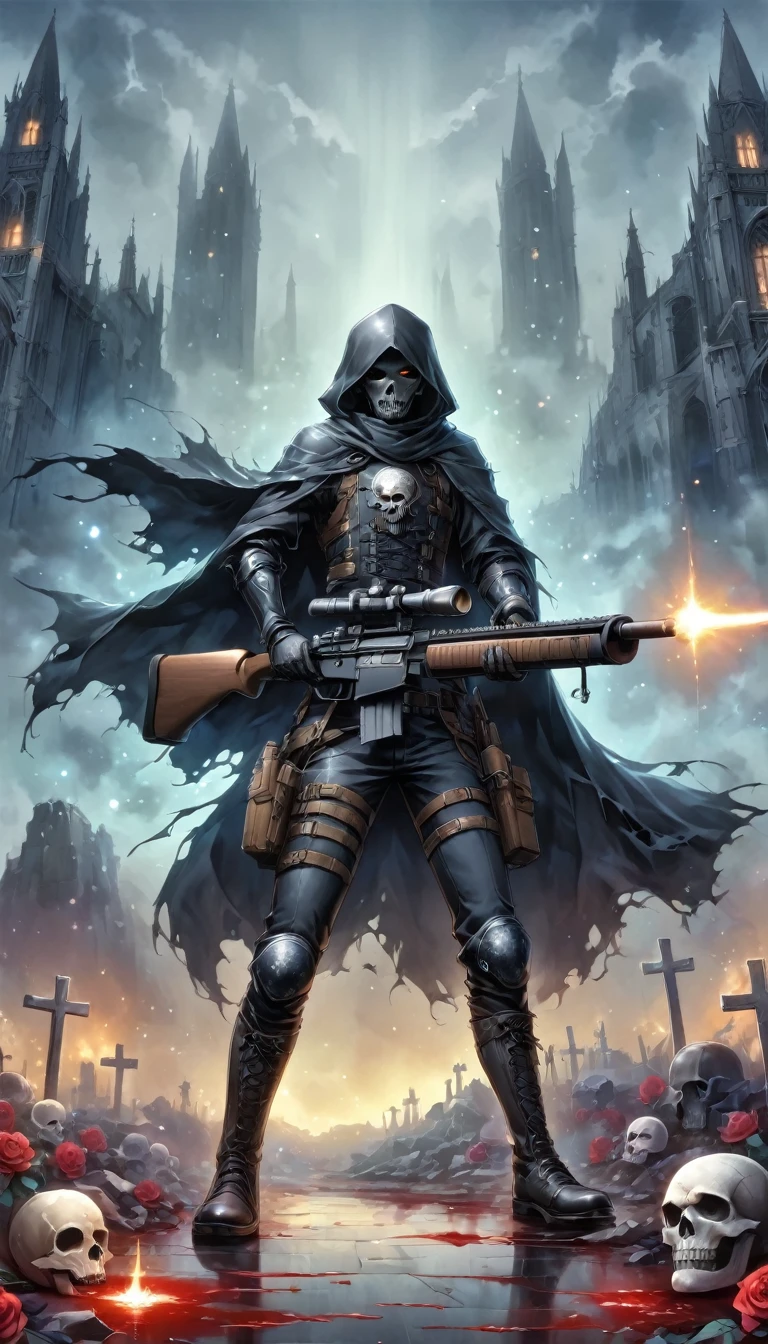 (Messenger from hell:1.4),Grim sniper holding a huge sniper rifle,Viewpoint from below,hell,magma,flame,(紫色flame:1.3),There is fresh Blood on the ground,Blood pool,dripping Blood,Gothic aesthetics,one、Rose、castle、cross、Blood、Cemetery, ETC...,这些元素体现了Gothic style的神秘感、solemn、Deep Functionality。Gothic style,Gothic style,about,cloak、象征浪漫的Rose、grave、Reaper、ruins、Gothic Cathedral, ETC.,Common elements of Gothic symbols。