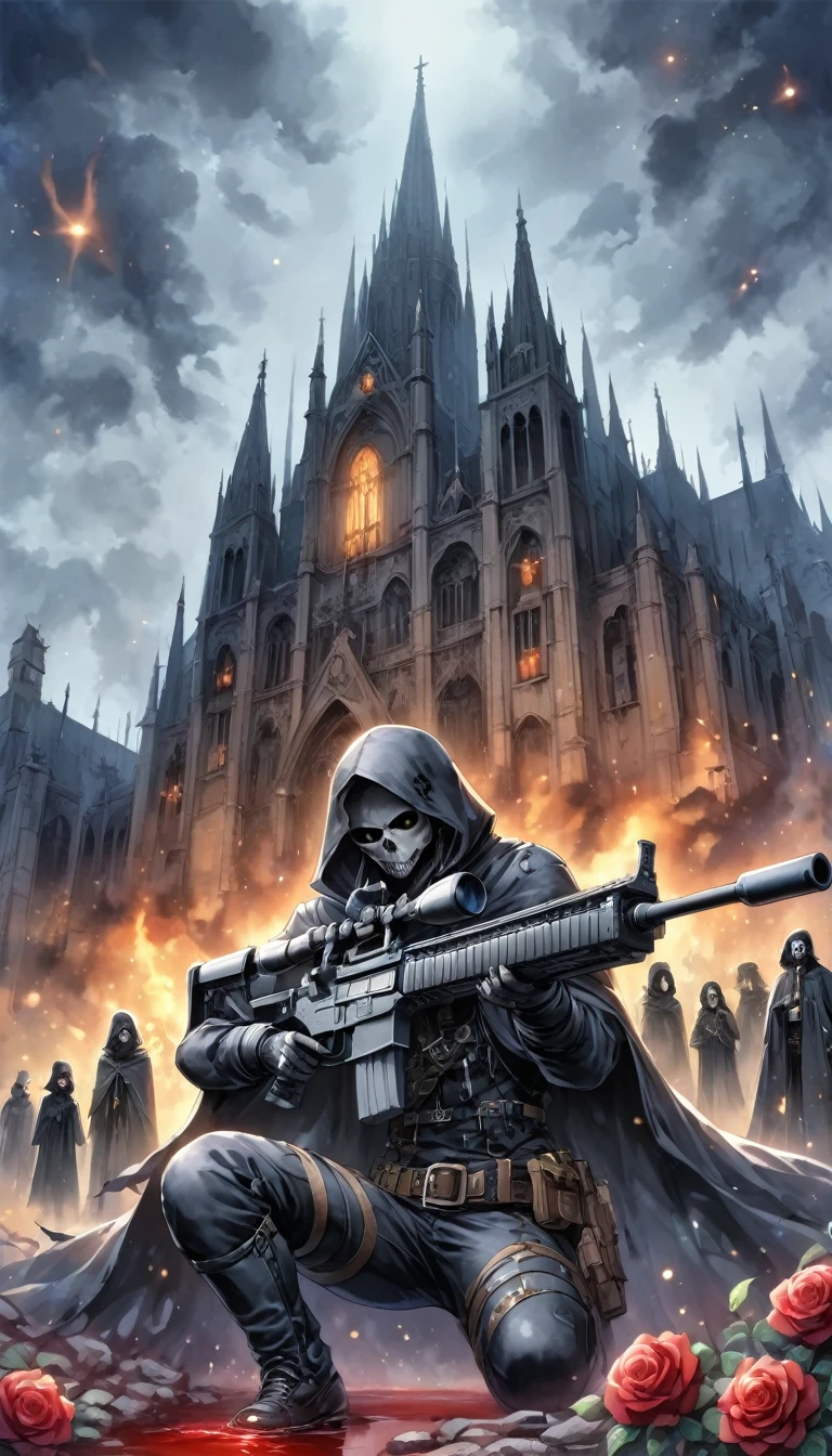 （Messenger from hell：1.4），Grim sniper holding a huge sniper rifle，Viewpoint from below，hell，magma，flame，（紫色flame：1.3），There is fresh Blood on the ground，Blood pool，dripping Blood，Gothic aesthetics,one、Rose、castle、cross、Blood、Cemetery, ETC...，这些元素体现了Gothic style的神秘感、solemn、Deep Functionality。Gothic style，Gothic style，about，cloak、象征浪漫的Rose、grave、Reaper、ruins、Gothic Cathedral, ETC.,Common elements of Gothic symbols。