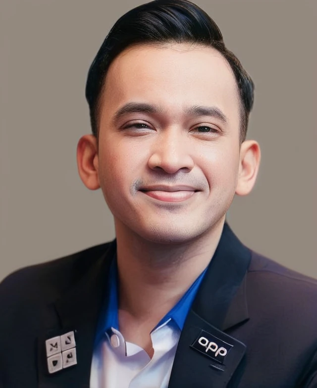 Create a 3D animation of a big-headed cartoon caricature. a 30 year old Indonesian man with short, slightly wavy black hair brushed back, round head facing forward, oval face with a strong jawline, thick straight eyebrows, almond-shaped brown eyes, a straight nose with a slightly rounded tip, symmetrical lips, and a slight friendly smile, wearing a solid blue shirt. Gradient blue background with professional lighting. masterpiece, top quality, highly detailed skin and face, ultra-realistic, high definition, studio lighting, sharp focus, full body view, Concept Art, 3D rendering.