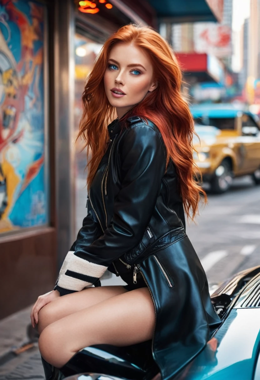 A lively scene with a red-haired model with bright blue eyes, Girl with flowing hair, which, in addition to a smooth, Red sports car. She wears a stylish outfit with leather jacket and boots, Radiating self-confidence. The car shines in the bright light of the city, They reflect the colorful neon signs and the busy street life around them. The background shows a dynamic urban environment with towering skyscrapers and a lively atmosphere, capture the essence of adventure and ."