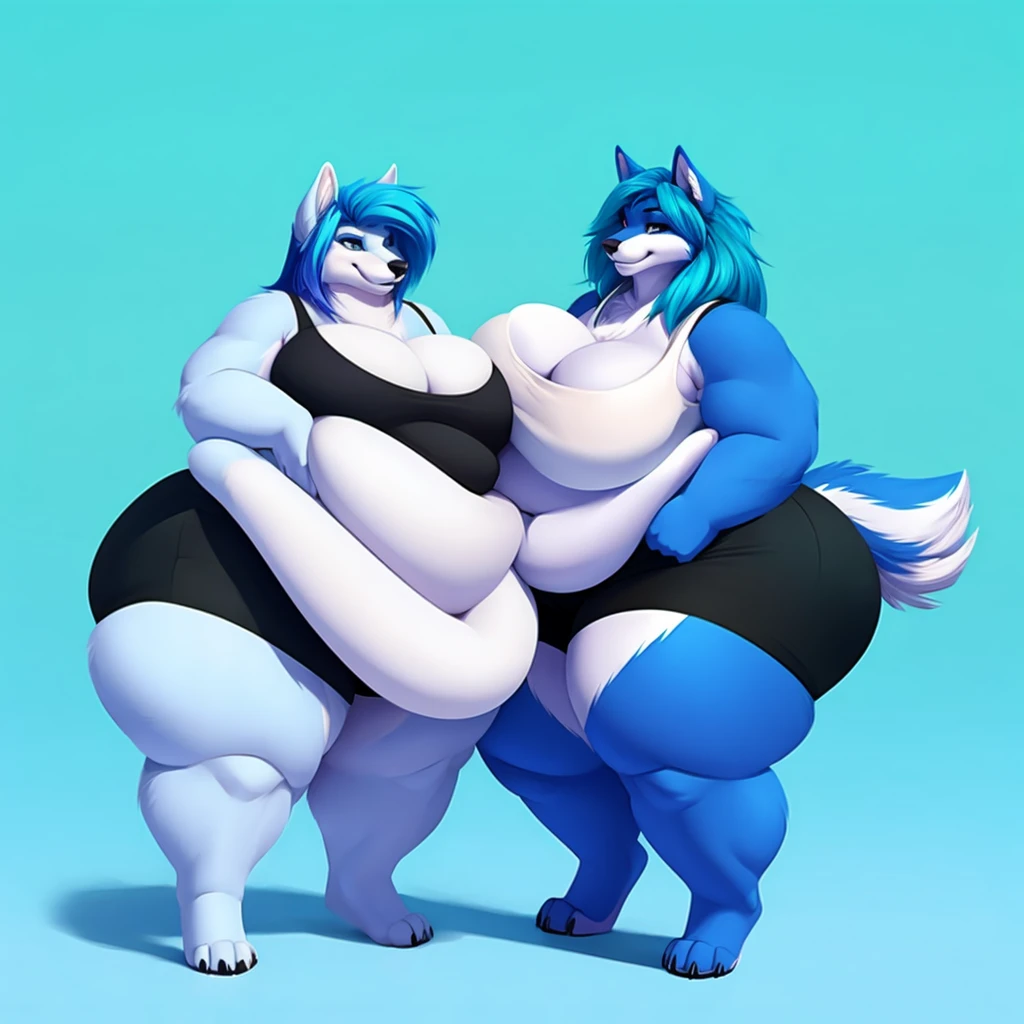 Malamute, female, long blue hair, black and blue body,huge breasts, huge hips, huge thighs, plump, voluptuous, morbidlyobese, gorgeous, beautiful, eyelashes, black tank top, black shorts,fat arms, fat legs, belly rolls, fat rolls, hip fat rolls, double chin, chubby cheeks ,cyan hair,cyan fur, cyan eyes,pear-shapped figured, plantigrade, ,duo, lesbians