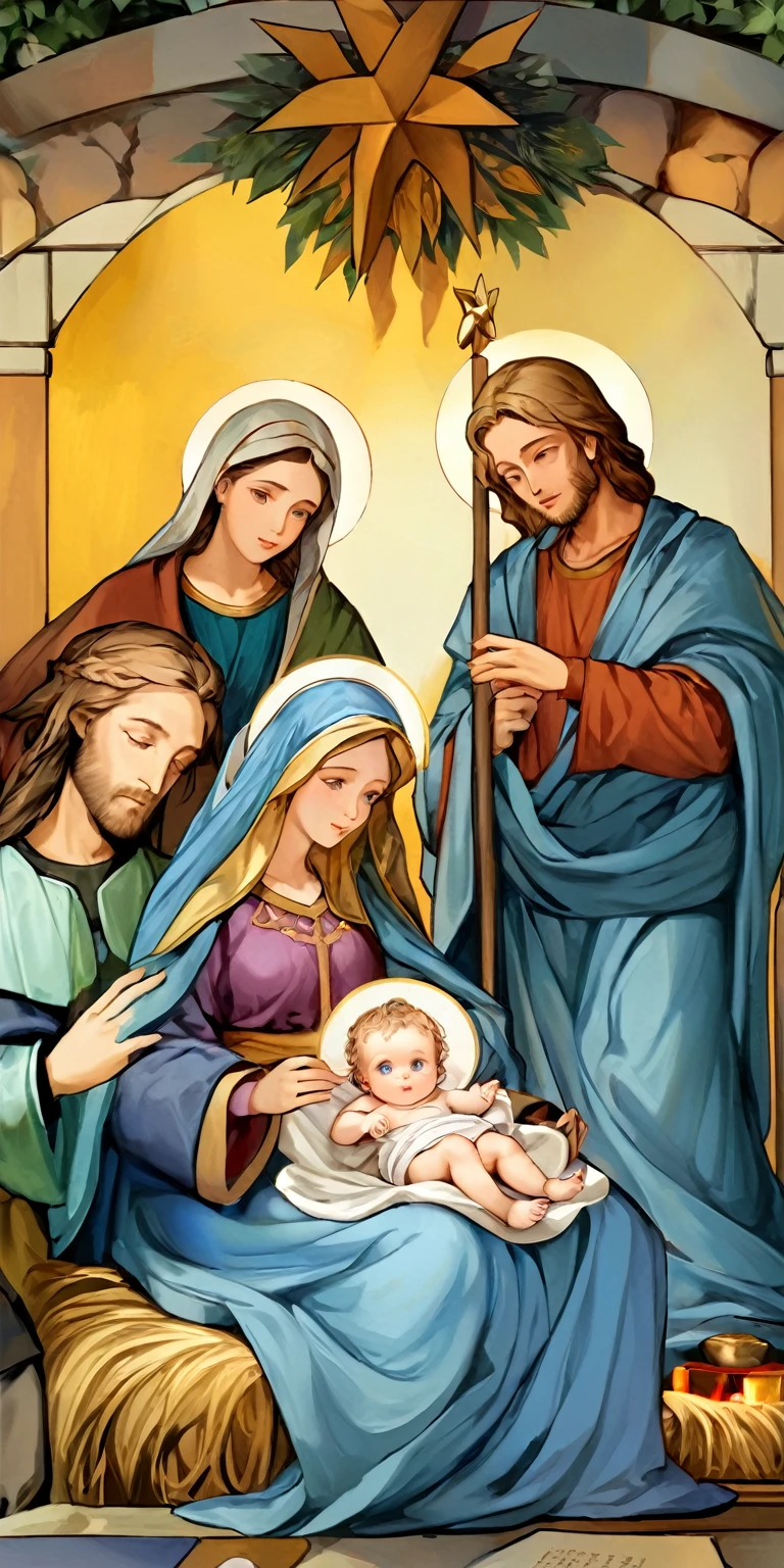 A painting depicting the Nativity scene,The painting shows the baby Jesus and three other people, With Jesus, Saint, 天主教religion艺术, religion, Saint经插图, Adding Details, stock art, Teach Art, author:Roman Bezpalkov, the birth, author:Eugenius Zach, Saint imagery, Saint and beautiful, Detailed digital artwork, Intricate details