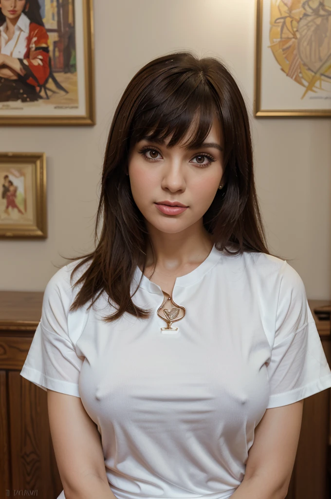 painting of a woman with bangs in a white shirt holding a lipsteak, inspired by Michael Garmash, michael garmash and rob rey, michael garmash and, by Michael Garmash, alexi zaitsev, garmash, dmitry spiros, inspired by Ilya Yefimovich Repin, inspired by Konstantin Makovsky, bernie fuchs