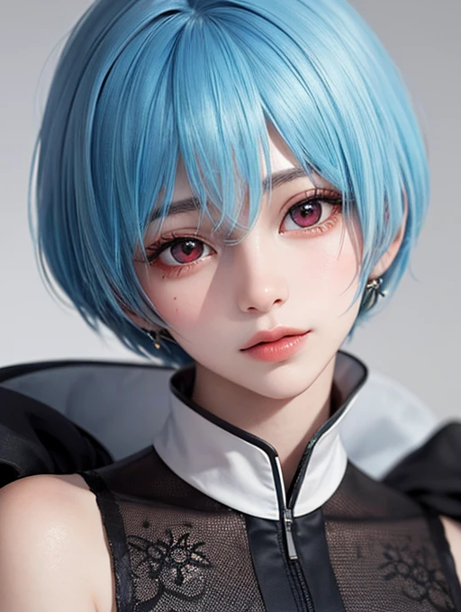 Masterpiece, Best Quality, 8K, Detailed Skin Texture, Detailed Cloth Texture, Beautiful Detail Face, Intricate Detail, Ultra Detailed, Portrait of Rei Ayanami, Blue Hair, Red Eyes, Head Tilt, No Background