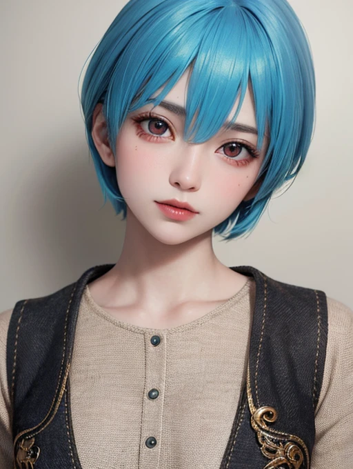 Masterpiece, Best Quality, 8K, Detailed Skin Texture, Detailed Cloth Texture, Beautiful Detail Face, Intricate Detail, Ultra Detailed, Portrait of Rei Ayanami, Blue Hair, Red Eyes, Head Tilt, No Background