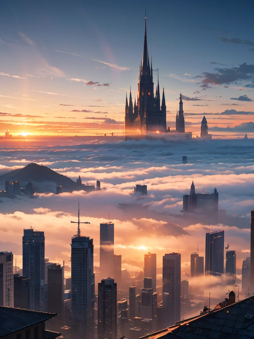 Between the buildings, Sunrise in the busy city, (Ultra-high resolution,8k),Fantasy, The world of picture books, (Highest quality), Super detailed, Outstanding Image, (Photorealistic), The fog rolls in