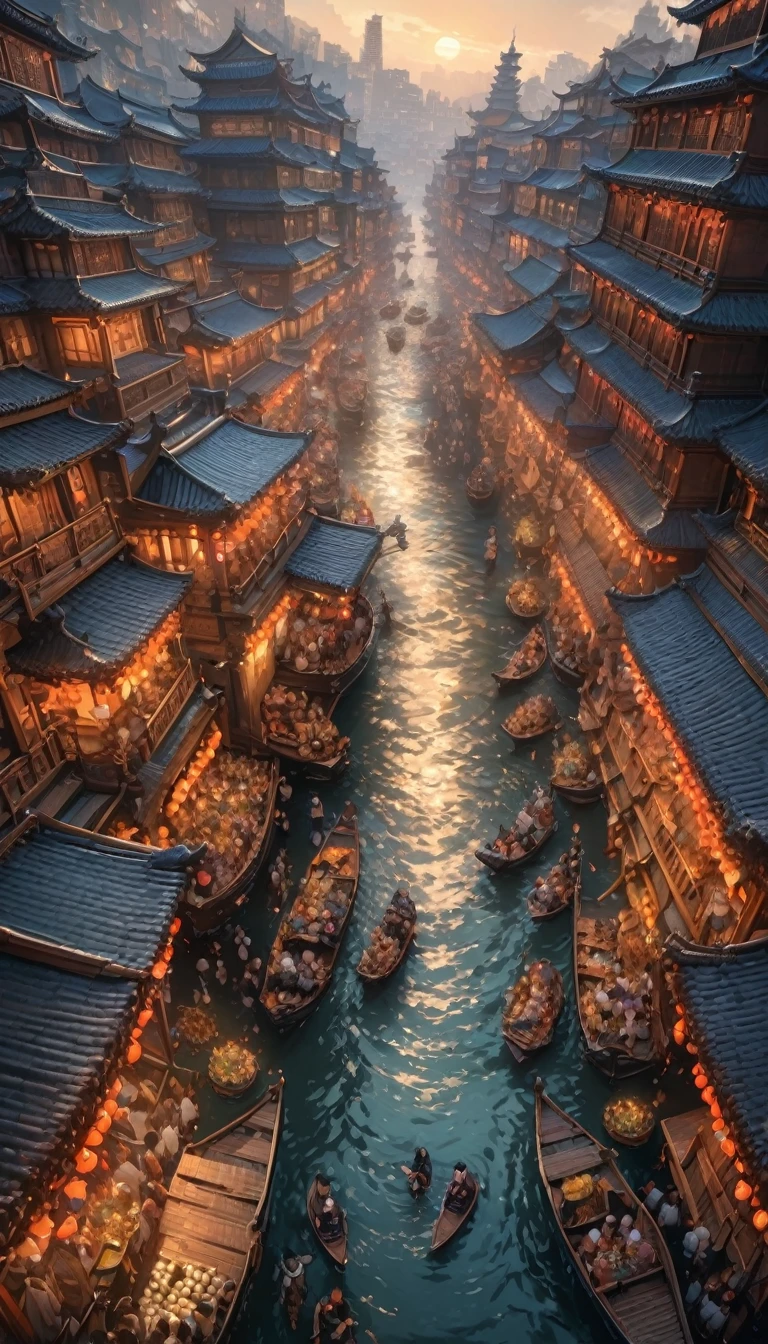 (masterpiece, best quality:1.2),Along the River During the Qingming Festival，Horizontal layout, high resolution, best quality, Very detailed, Dynamic Angle, floating, Bustling city landscape, Intricate details, architecture, flowing river, Vibrant colors, Volumetric Lighting, Crowded boats and bridges, Deep cultural heritage.