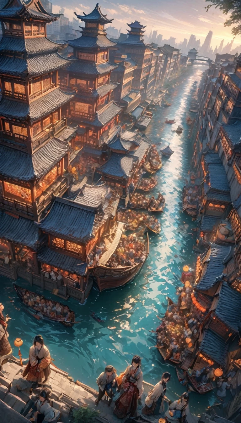 (masterpiece, best quality:1.2),Along the River During the Qingming Festival,Horizontal layout, high resolution, best quality, Very detailed, Dynamic Angle, floating, Bustling city landscape, Intricate details, architecture, flowing river, Vibrant colors, Volumetric Lighting, Crowded boats and bridges, Deep cultural heritage.