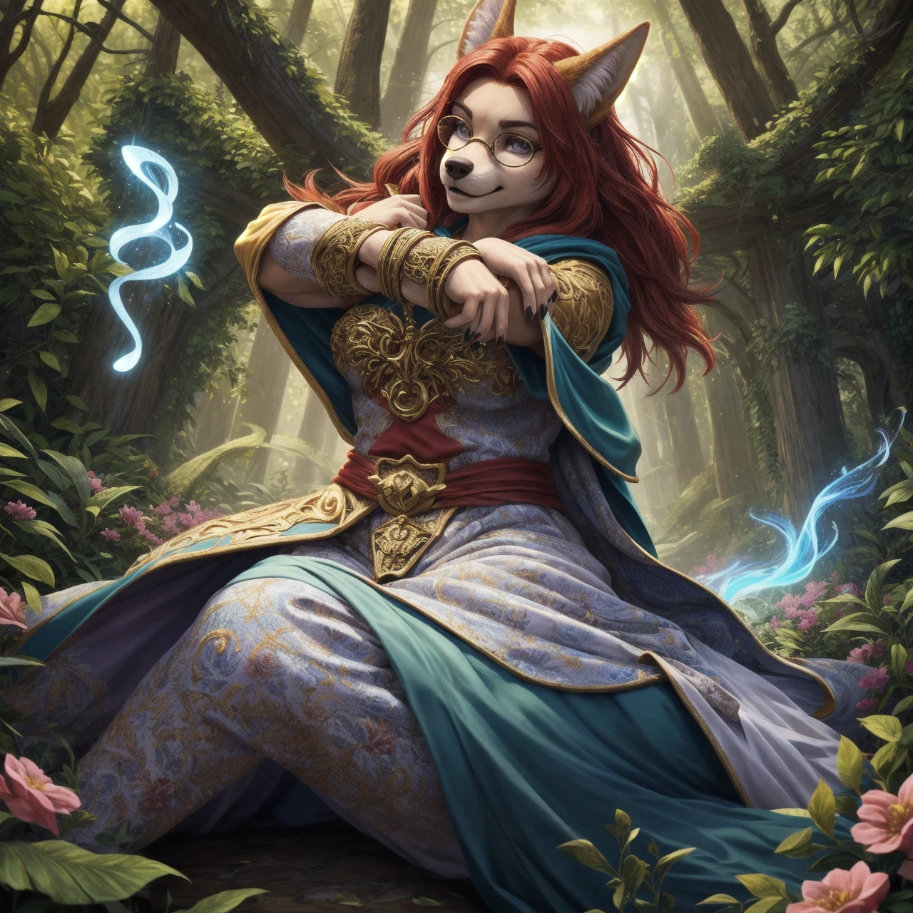 breathtaking (best quality, masterpiece, detailed, 8k)
RAW, realistic cinematic photo, female anthro furry jackal, bard, detailed fur, red fur, narrow muzzle, sultry grey eyes, slit pupil, red hair, Textured long bob, black nails, wearing ornate robes, opulent magical equipment, green hooded cloak, small round glasses, lute lying on the lap, music,, dynamic action pose, close up, A gate composed of interwoven vines and flowers, representing the connection between nature and magic, casting spells, defending against attackers, posed in misty forest battle, Mesmerizing (Radiant Aura:1.2), shot from dynamic angle, (masterpiece, award-winning, professional, HDR)