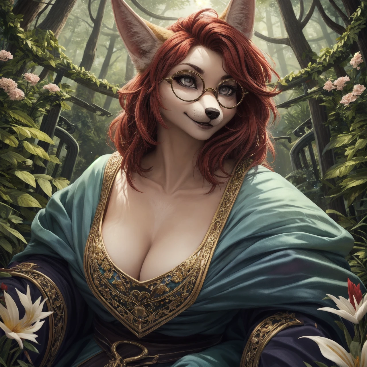 breathtaking (best quality, masterpiece, detailed, 8k)
RAW, realistic cinematic photo, female anthro furry jackal, bard, detailed fur, red fur, narrow muzzle, sultry grey eyes, slit pupil, red hair, Textured long bob, black nails, wearing ornate robes, opulent magical equipment, green hooded cloak, small round glasses, lute lying on the lap, music,, dynamic action pose, close up, A gate composed of interwoven vines and flowers, representing the connection between nature and magic, casting spells, defending against attackers, posed in misty forest battle, Mesmerizing (Radiant Aura:1.2), shot from dynamic angle, (masterpiece, award-winning, professional, HDR)