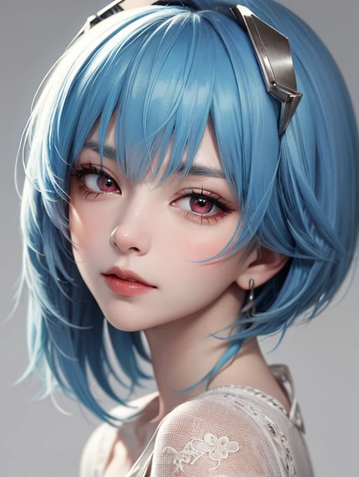 Masterpiece, Best Quality, 8K, Detailed Skin Texture, Detailed Cloth Texture, Beautiful Detail Face, Intricate Detail, Ultra Detailed, Portrait of Rei Ayanami, Blue Hair, Red Eyes, Head Tilt, No Background