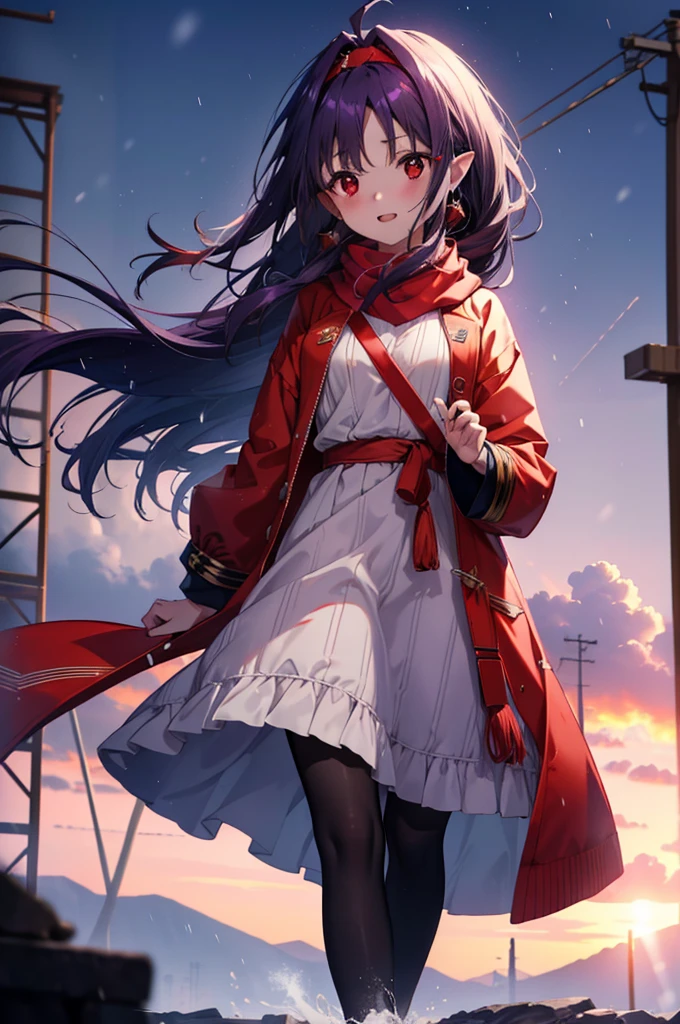 yuukikonno, Yuki Konno, hair band, Long Hair, Pointed Ears, Purple Hair,Ahoge, (Red eyes:1.5), (Small breasts:1.2),blush, smile,Open your mouth,white breath,Tokkuri Sweater,Red Scarf,Purple long coat,Long skirt,Black Pantyhose,short boots,Snow is piling up,it&#39;s snowing,whole bodyがイラスト入るように,Walking,evening,sunset,
break outdoors, construction area,
break looking at viewer, whole body,
break (masterpiece:1.2), Highest quality, High resolution, unity 8k wallpaper, (shape:0.8), (Beautiful attention to detail:1.6), Highly detailed face, Perfect lighting, Extremely detailed CG, (Perfect hands, Perfect Anatomy),