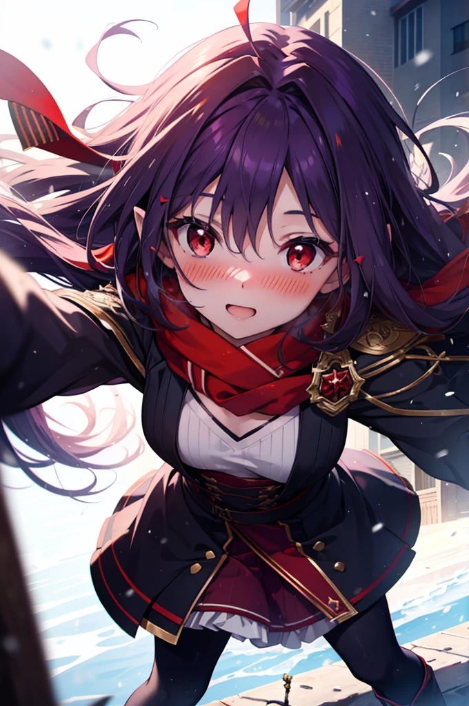 yuukikonno, Yuki Konno, hair band, Long Hair, Pointed Ears, Purple Hair,Ahoge, (Red eyes:1.5), (Small breasts:1.2),blush, smile,Open your mouth,white breath,Tokkuri Sweater,Red Scarf,Purple long coat,Long skirt,Black Pantyhose,short boots,Snow is piling up,it&#39;s snowing,whole bodyがイラスト入るように,Walking,evening,sunset,
break outdoors, construction area,
break looking at viewer, whole body,
break (masterpiece:1.2), Highest quality, High resolution, unity 8k wallpaper, (shape:0.8), (Beautiful attention to detail:1.6), Highly detailed face, Perfect lighting, Extremely detailed CG, (Perfect hands, Perfect Anatomy),