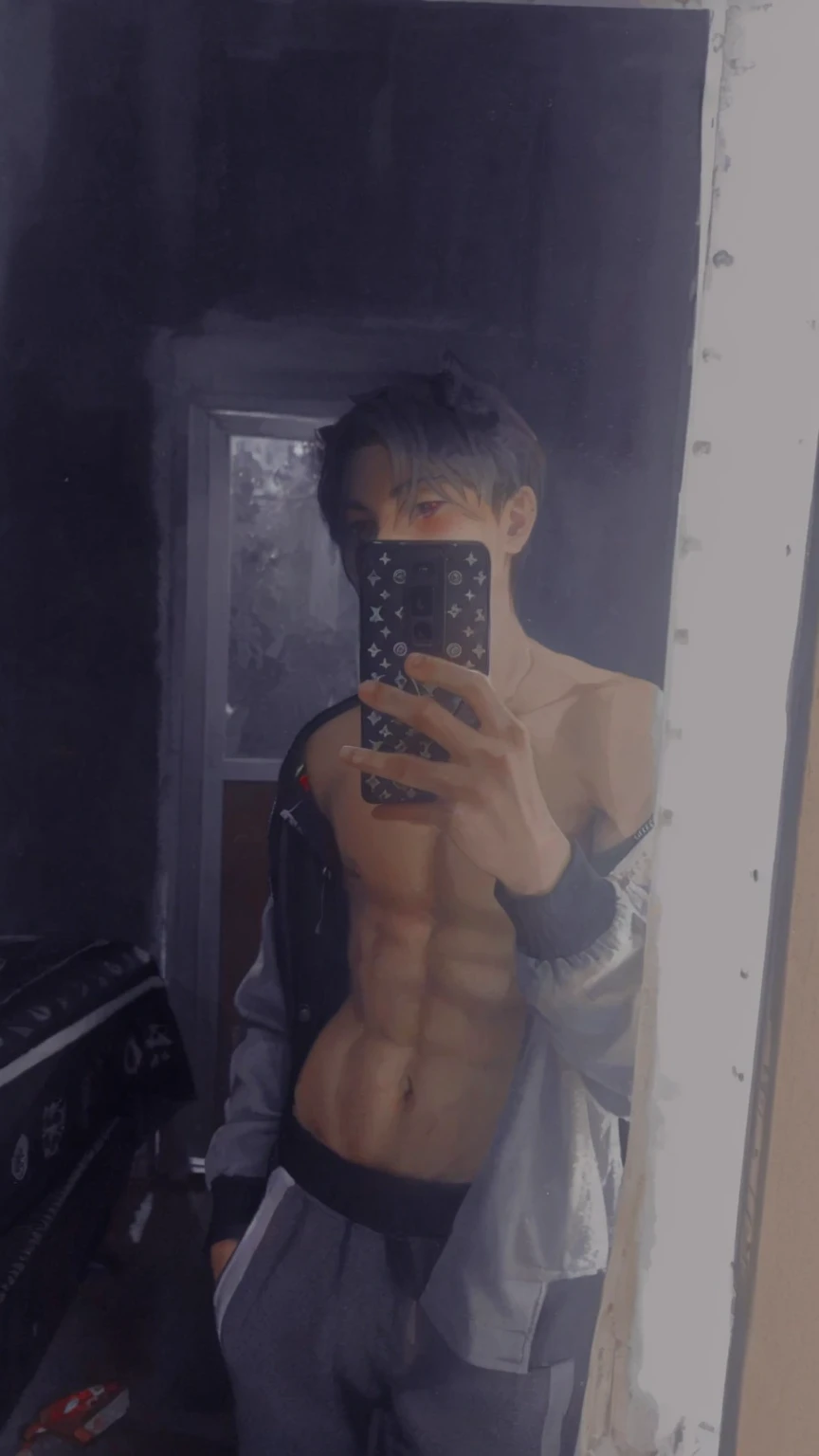 1boy, wolf ears, wolf tail, short fluffy red hair, red eyes, slim waist, ultra masterpiece, shirtless, sweatpants, living room setting, smile, big thighs, seductive, blush, wide hips