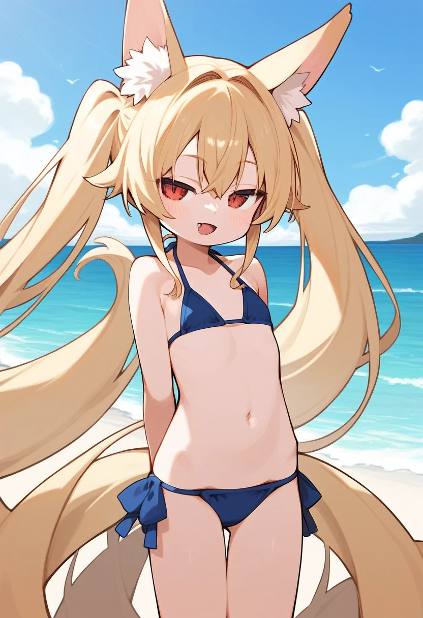 looking at viewer,half-closed eyes,(best quality:1.2),(very aesthetic:1.2),(detailed:1.2),(masterpiece:1.2),(highres),(beach),solo,1girl,(mesugaki:1.3),(female ,),(long twin tails:1.3),(red eyes),(cowboy shot,standing:1.3),(;d,fang)arms behind back,blonde hair,pale skin,(bikini:1.3),hair between eyes