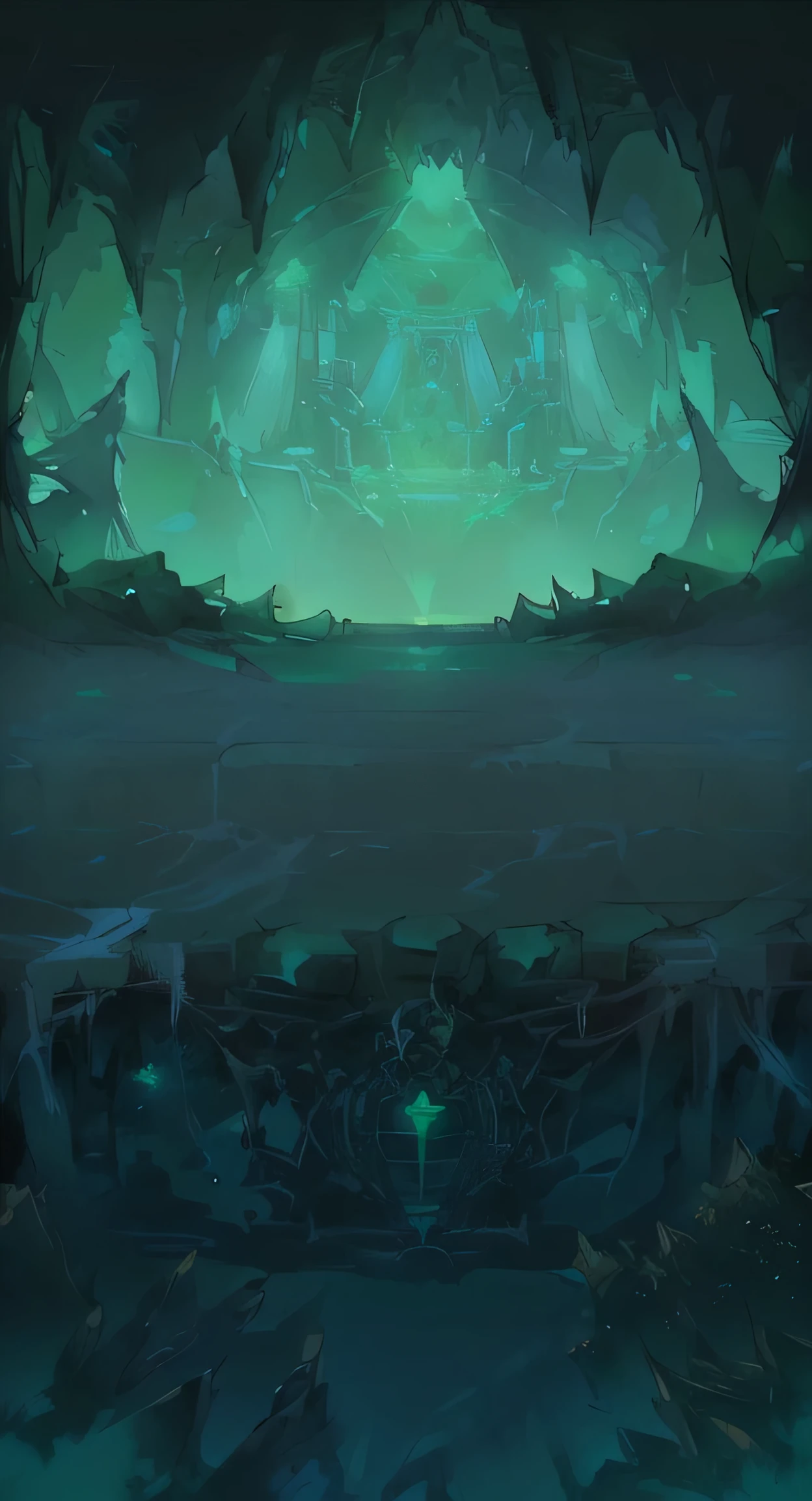 The platform on the steps has green water,Green light flashes in the cave, There is a spider web in the middle,In the darkness around me, the red light is watching,