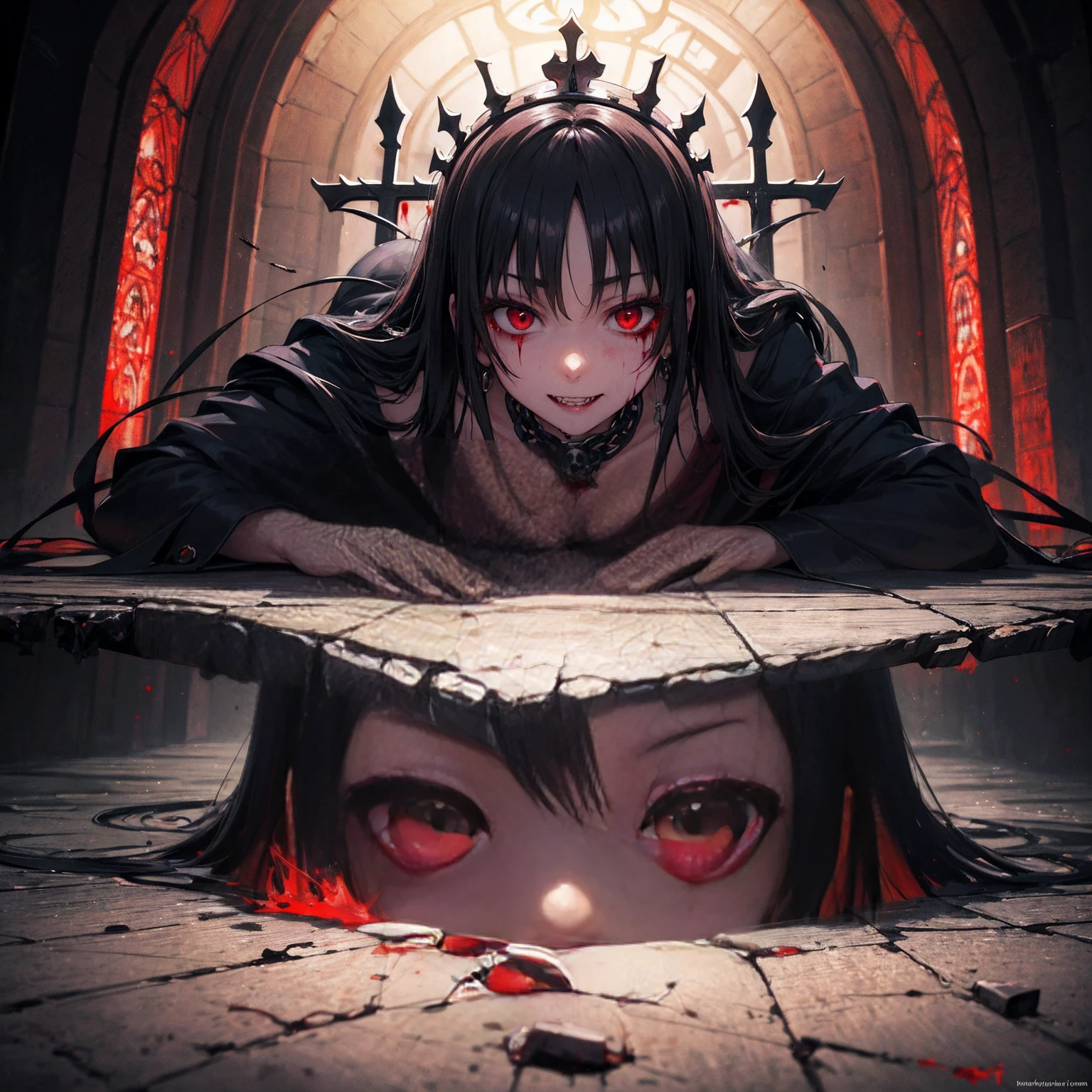 (Highest quality,4K,High resolution,masterpiece:1.2),Very detailed,Realistic:1.37,Spooky altar background,Dark fantasy,Red color scheme,Ominous atmosphere,Eye-catching,Storytelling,anatomy,Anime Style,Concept Art,beautiful細部までこだわった顔と (((Red eyes ))),Not exposed,Don&#39;t show skin,The body is covered with clothing,Terrifying Ritual ,Long golden hair,Blonde Hair,disaster々New Tiara,Satanic Ritual,Untimely Death,Unjust act,Crazy Smile,Scythe Face,Girl Monster, beautiful, Delicate facial features, Sharp Eye, Sharp Fangs, Pale skin, Thick chain, Dark Background, Cinema Lighting, Dramatic Shadows, Gothic style, Gloomy atmosphere, Dark fantasy, One Girl, , Please open your mouth wide, Open your mouth and baring your teeth,Sharp teeth like a beast, Wide lips, very wide mouth, Vermilion cheeks, ,(Blood splatter:1.4),Scary smile, laugh at,Fallen angel design, Twisted smile、Bloodstained、bleeding from the head,,、Blood splatter、,(Blood splatter:1.4),Crossbones, skull,Horror Style, ((Fantasy Fallen Angel Costume)), ((flowing blonde hair)), ,(Blood splatter:1.4),Female curves, Sexy flat stomach, Perfect hands, Perfect anime face, ((White Lolita Dress)), Are standing, ((Wicked Smile)), ,(Blood splatter:1.4), Steam circulates, Moonlight Illumination, night lighting, disaster々new devil horns,,(Blood splatter:1.6),アニメFallen angel design, Twisted smile、Bloodstained、bleeding from the head,,、Blood splatter、,(Blood splatter:1.4),Crossbones, skull,Gothic architecture、Western architecture、Fantasy World、,Victorian cities, Skeleton Gaslight,