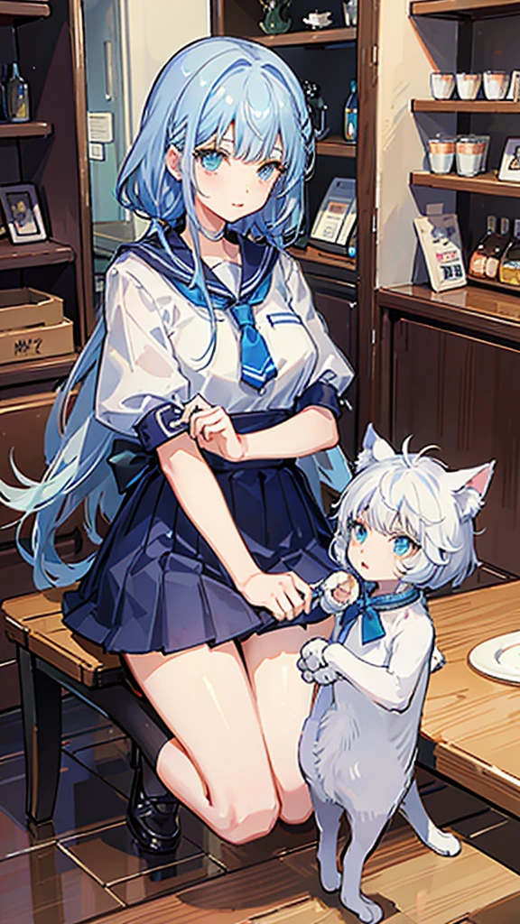 A cafe with lots of cats、The background is a cat cafe、The girl is playing with the cat、Crystal clear light blue hair、Her hair is gradated and white from the hairline to the middle.、Hair length is up to the knees、A shiny, light blue sailor suit、The hair ornament is glittering gold.、Silver hair ornament、She has big breasts、Adult face、