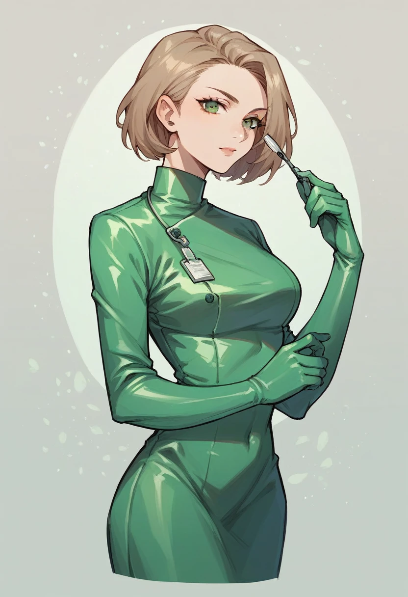 1girl, ((light brown elbow gloves)), ((surgical gloves)), ((latex gloves)), ((long sleeves)), ((green surgeon outfit)), ((green doctor outfit)), looking at viewer, standing, solo