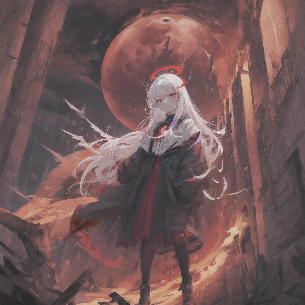 Masterpiece, top quality, bright colors, one girl, white hair, black hair, magenta hair, red eyes, glowing eyes, dark atmosphere, black wings, black halo, fallen angel, from below, descending from heaven, gothic clothes, looking down , Blood, ((Blood Moon, Red Moon))), Purple Aura, Divine Advent, Fire, Cinematic Lighting, Glowing Aura Lighting, Full Body, Spectacular Background, starrystarscloudcolorful