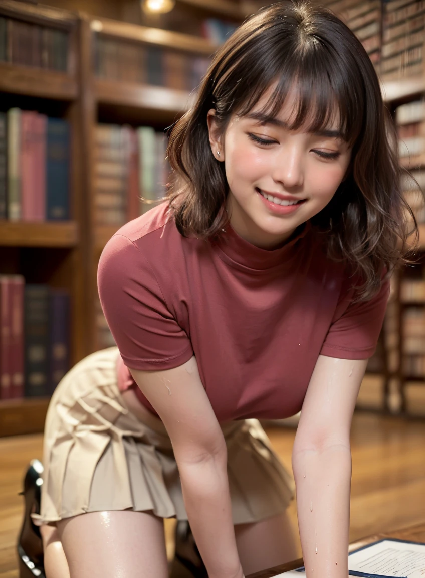 (((neat woman, (orgasm:1.5), (blush:1.5), (embarrassment:1.4), (impatience:1.3), (flustered:1.2), (fidgeting around:1.5), flowing sweat, (erotic waist twist:1.3), (panting), (breathless:1.4), (Erotic feelings), (close eyes, closed mouth:1.9),(((smile,closed mouth,blush:1.8,deep cheek:1.8))),kneeling,arched back,hand between legs,please touch me,eat me,tempting viewer,i want you))),(((blush,blush,deep cheek,deep cheek)))),(cinematic lighting), (Photo real:1.4)、(A hyper-realistic:1.4)、(Photorealistic:1.3)、 (gentle lighting: 1.05)、(Improve the lighting quality of your video:0.9)、 32k、25years old woman、photorealistic lighting、Back lighting、Facial Lights、Ray Trace、(bright:1.2)、(Increase quality:1.4)、 (best quality real texture skin)、Fair eyes,delicate face、 Close-up of the face, ((((Wearing the tight red cotton t-shirts,high-neck,pleated beige skirt,high-heel:1.4))),(Bodyline mood improvement:1.1)、Glossy skin、good figure,perfect anatomy,Beautiful actress,(((beautiful huge soft breasts:1.8,huge breasts,slender waist,slender hip,long slender legs,8heads tall))),(((8heads tall))),(((brown wavy midium hair,bangs))),(((sweat skin,shiny skin,in the beautiful library,super clean night view,in the night))),