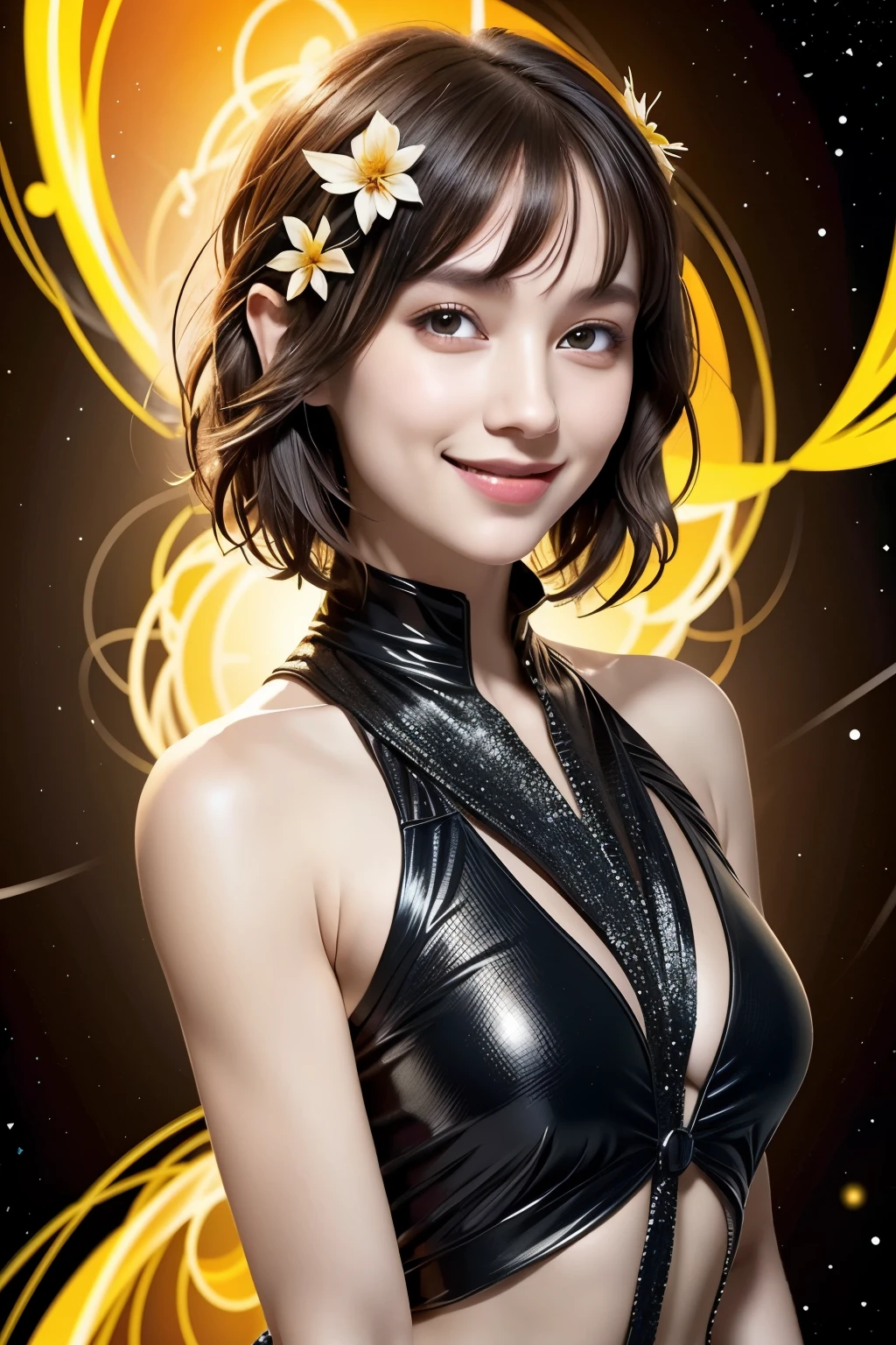 257 20-year-old female, (short hair),(Abstract background,Fractal Art), smile, flower
