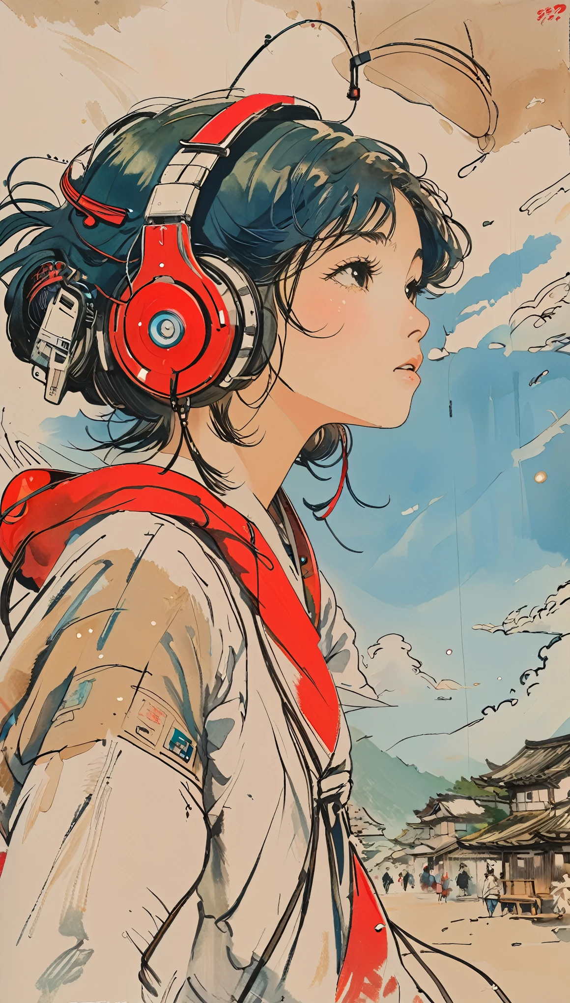 sketch、The Style of Kawanabe Kyosai、Girl、Headphones、Look Up