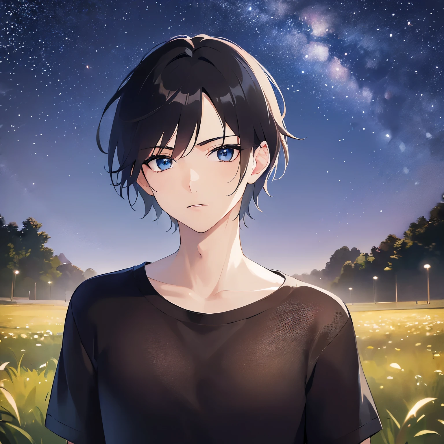 (25-year-old male:1.5) and (Black short hair) and (blue eyes) (black:1.5) and (T-Shirts:1.5),(looking at viewer:1.5),upper body、shiny skin, masterpiece、Highest quality、,serious、(Night Park:1.5)、(Night Sky:1.5)、(grass:1.3),(alone:1.5)
