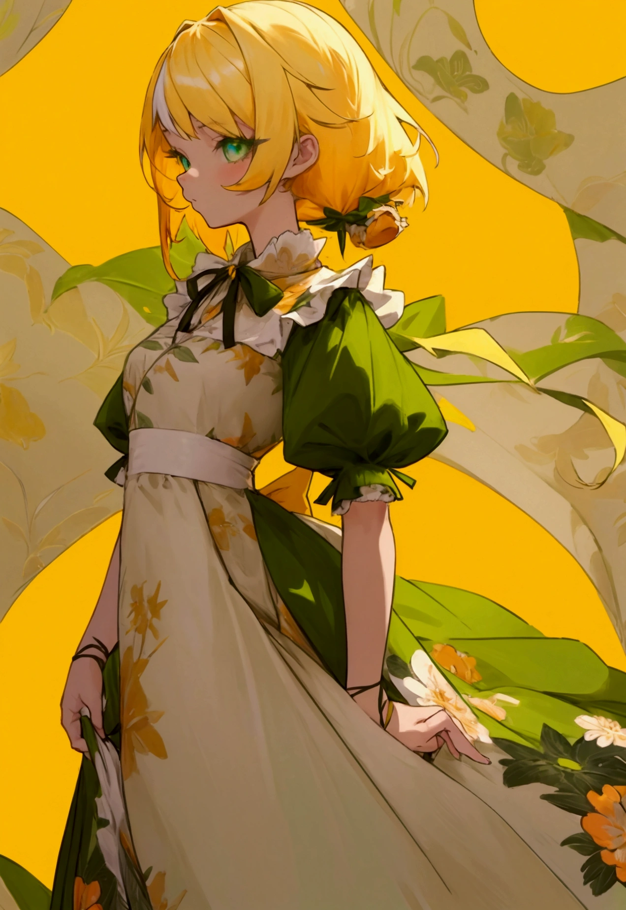 anime girl with light yellow hair mixed with green at each end of her hair, her eye color is light gray, she wears an orange dress and a ribbon on top of her hair. use a floral background