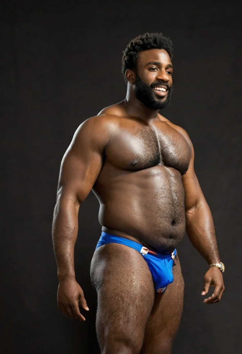 Black male, hairy, speedo, prominent belly, bulged and bloated belly, swollen intestines, muscular, tall