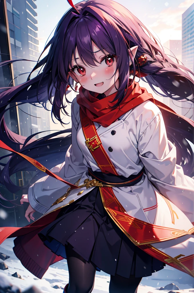 yuukikonno, Yuki Konno, hair band, Long Hair, Pointed Ears, Purple Hair,Ahoge, (Red eyes:1.5), (Small breasts:1.2),blush, smile,Open your mouth,white breath,Tokkuri Sweater,Red Scarf,Purple long coat,Long skirt,Black Pantyhose,short boots,Snow is piling up,it's snowing,whole bodyがイラスト入るように,Walking,evening,sunset,
break outdoors, construction area,
break looking at viewer, whole body,
break (masterpiece:1.2), Highest quality, High resolution, unity 8k wallpaper, (shape:0.8), (Beautiful attention to detail:1.6), Highly detailed face, Perfect lighting, Extremely detailed CG, (Perfect hands, Perfect Anatomy),