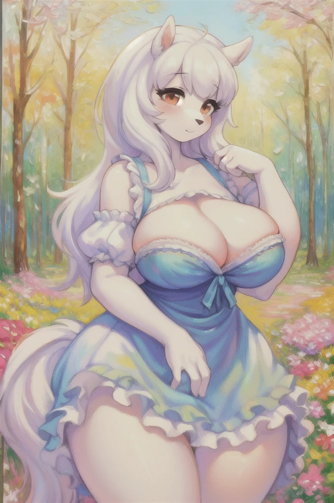 uploaded on e621, questionable content, an extremely talented impressionist painting of a ((white pony)) furry fluffy anthro maiden, cleavage, busty, curvy, big breasts, soft, squishy, pudgy, belly, ((colorfull dress)), ((((detailed fluffy fur)), impasto impressionism))