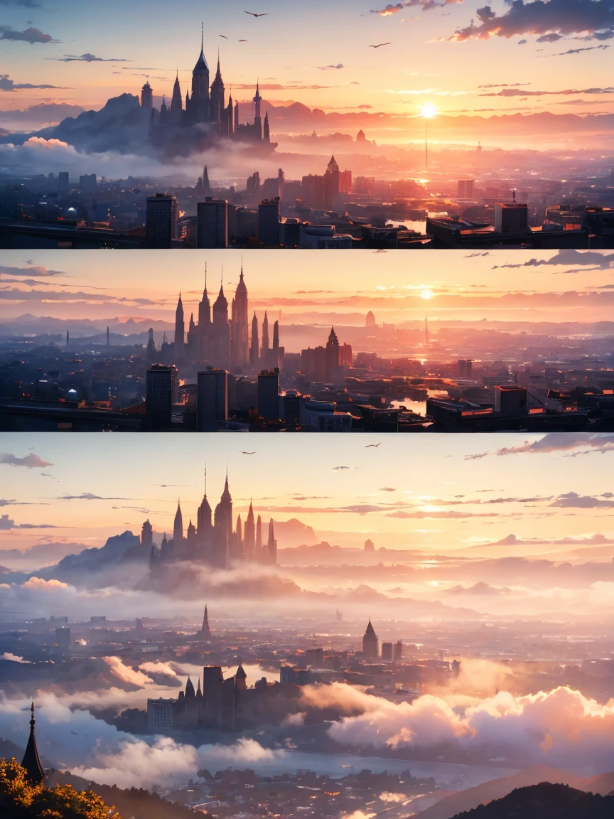 (Highest quality), Sunrise in the busy city, (Ultra-high resolution,8k),Fantasy, The world of picture books, Super detailed, Outstanding Image, (Photorealistic), The fog rolls in