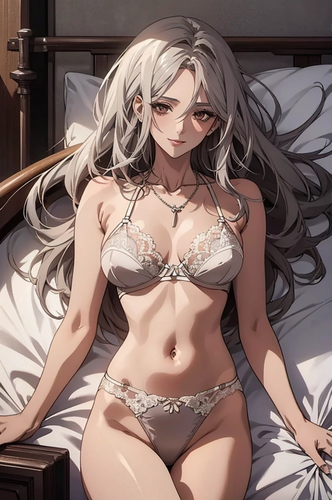 (Highest quality, High resolution, Very detailed), Silver Hair, Long Hair, Reddish brown eyes, lace thong bra, NUDE, Large Breasts, lie on own back, overhead shot, necklace, 24th generation, Beautiful woman, mature, quiet, Calm, A small smile, bed,