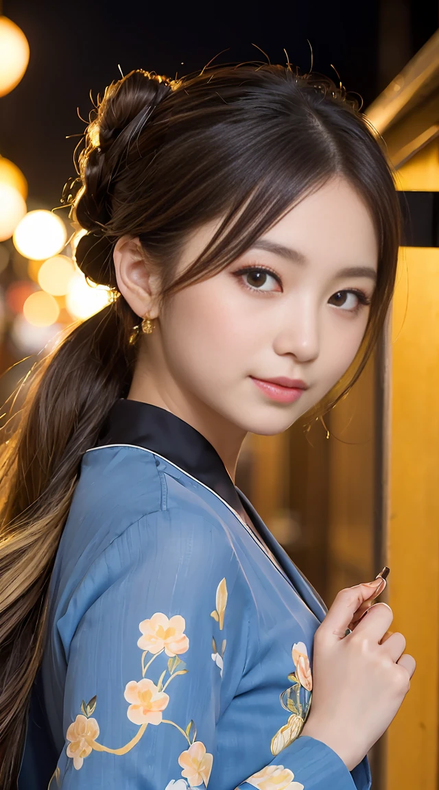 Masterpiece:1.9, ((super fine painting)), ((4k very detailed)), (((very high resolution))), top quality, expressive eyes, perfect face, girl ((beautiful girl: 1.9, petite:, small face, cute: 1.9,)), long hair ((blond hair, straight hair, bun hair, twin tail, hairpin)) (Japanese clothes, sunny, black, gold thread, gorgeous, flower pattern (higanbana, red),)) goddess, cheerful, shrine, night, moon, fair day, ((chocolate banana))),