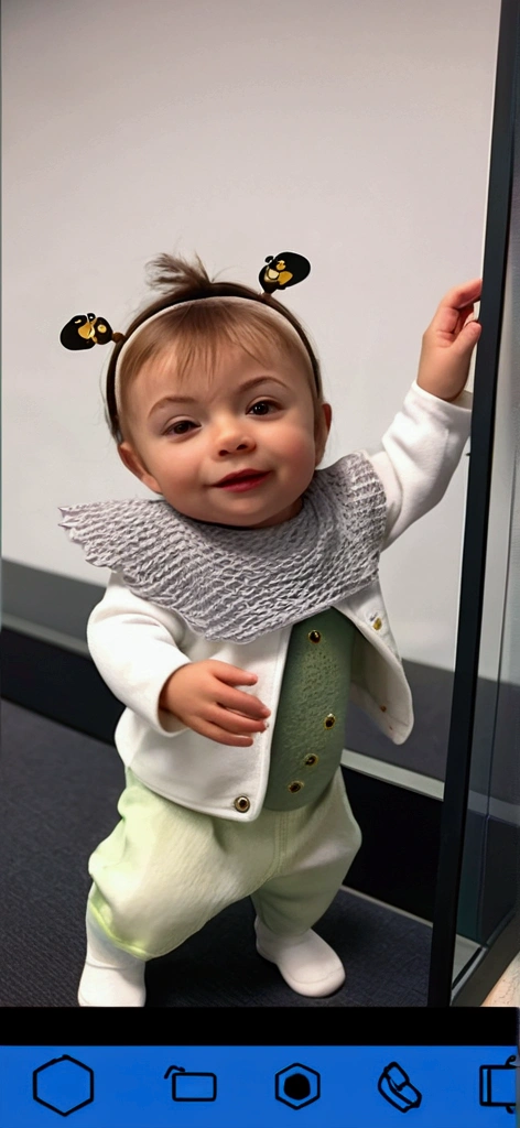 a happy and cute 10 month old baby girl with bobbed hair and bangs, wearing a bee costume,very feminine, Pixar-style, ....3d, Cartoon s, face detailed, asymmetric 16k