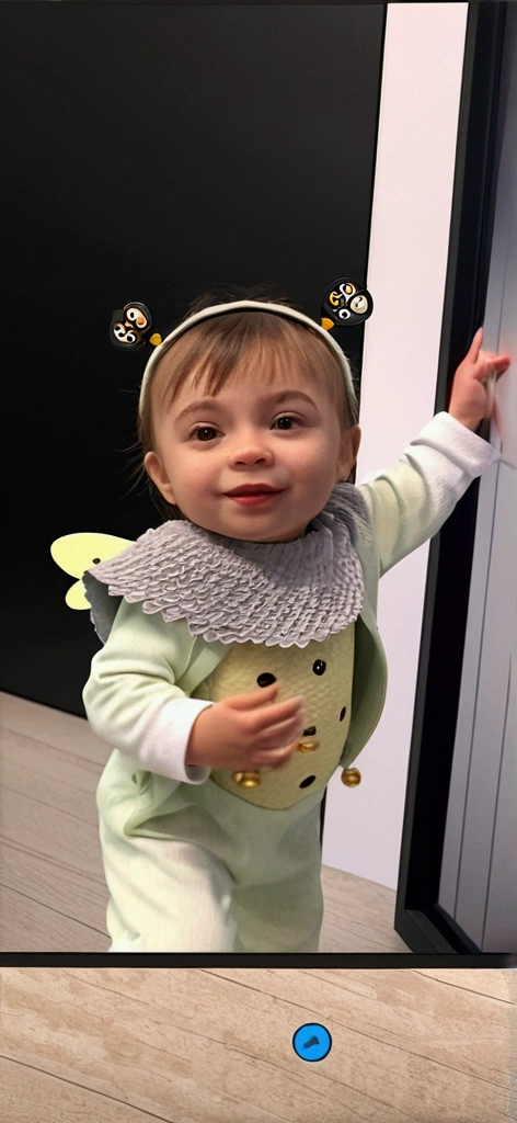 a happy and cute 10 month old baby girl with bobbed hair and bangs, wearing a bee costume,very feminine, Pixar-style, ....3d, Cartoon s, face detailed, asymmetric 16k