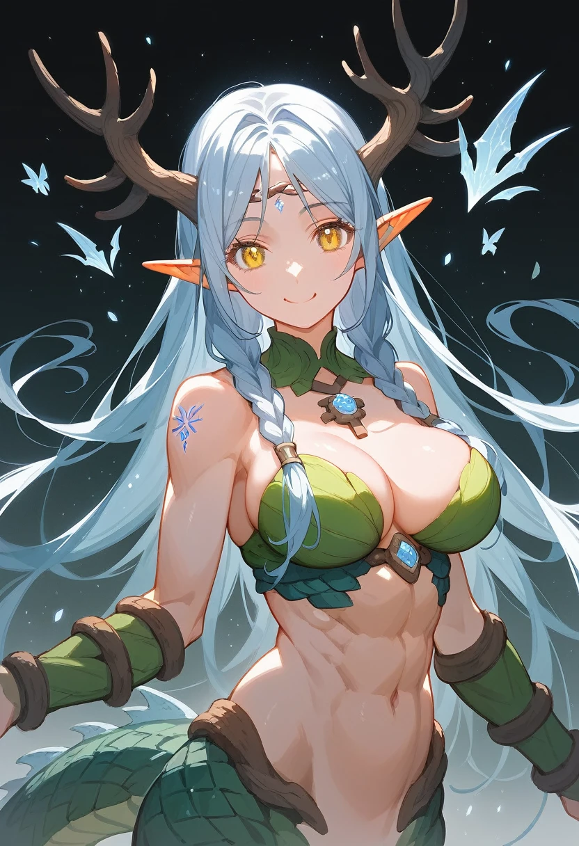 masterpiece,best quality,ultra-detailed,very detailed illustrations,extremely detailed, super complex details,extremely detailed 8k cg wallpaper,(beautiful and aesthetic:1.2), (1girl), (fractal art:1.3), icon size, cute young girl, light blue hair, long hair, small braids hair, yellow eyes, elf ears, dragon tail, dragon thorn, muscular body, big breast, smile