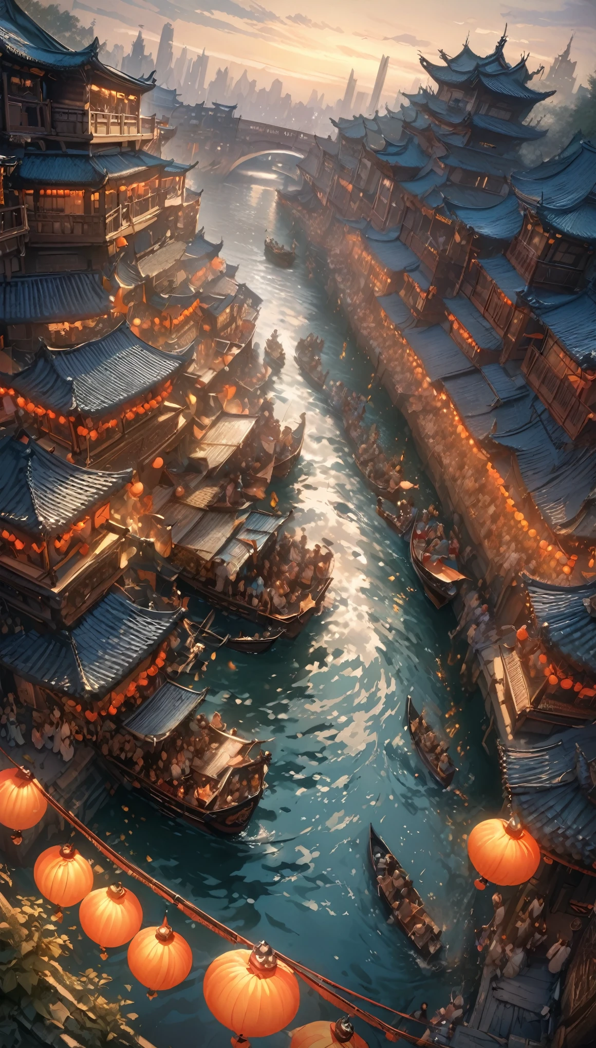 (masterpiece, best quality:1.2),Along the River During the Qingming Festival,Horizontal layout, high resolution, best quality, Very detailed, Dynamic Angle, floating, Bustling city landscape, Intricate details, architecture, flowing river, Vibrant colors, Volumetric Lighting, Crowded boats and bridges, Deep cultural heritage.