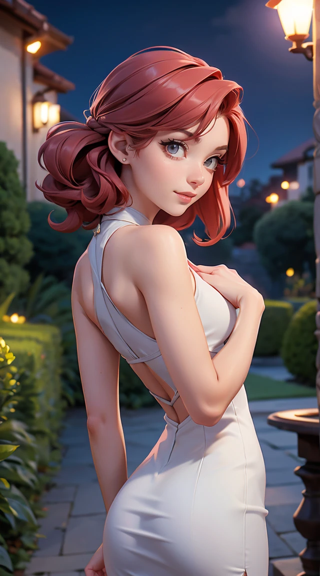 white woman, 21 years old year old, thin and small, she wears a gray elegant dress, red hair, beauty, big ass, background garden in the night