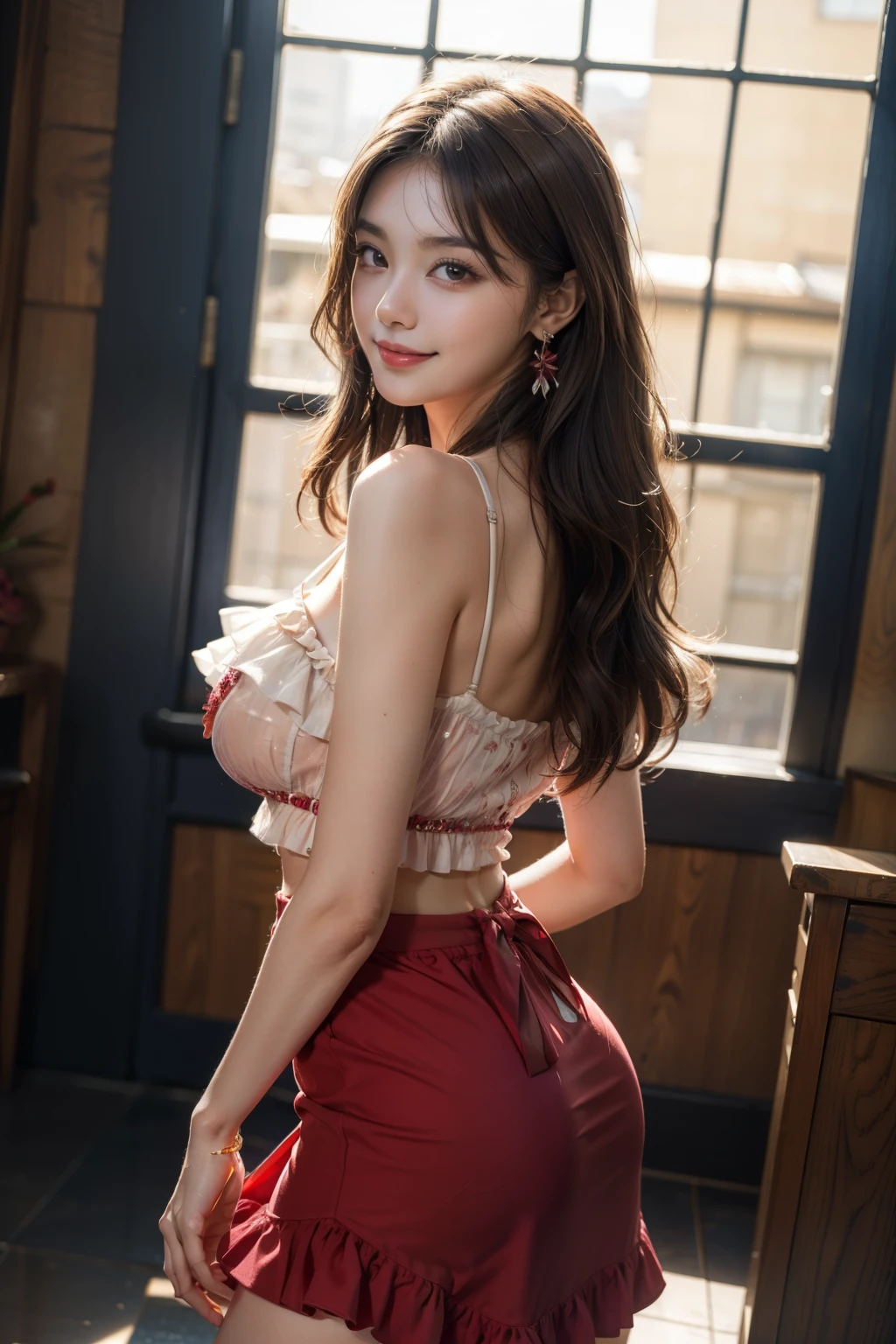 top-quality,ultra - detailed,tmasterpiece,hentail realism,Photorare,Bright lighting,1 girl in, Camera color temperature 3800k、an extremely beautiful , (kawaii:1.1),Thin smile, (Brown eyes),(dark brown hair),(By bangs),perfect glossy shiny skins,flawless skin,((erotick,Sexy and sexually explicit)),((Exact pointers,No discomfort)), large full breasts:1.5,big breasts thin waist, looking at viewert,((Red Santa Claus:1.1)),((Red Santa Hat)),(Christmas tree),((Super Miniskirt:1.2、No slit)),(((Skirt lift with their own hands))),(lifted by self),(Stand with your feet together)), knee high socks,(Loafer shoes), In the daytime,Station platform、Expose nipple、