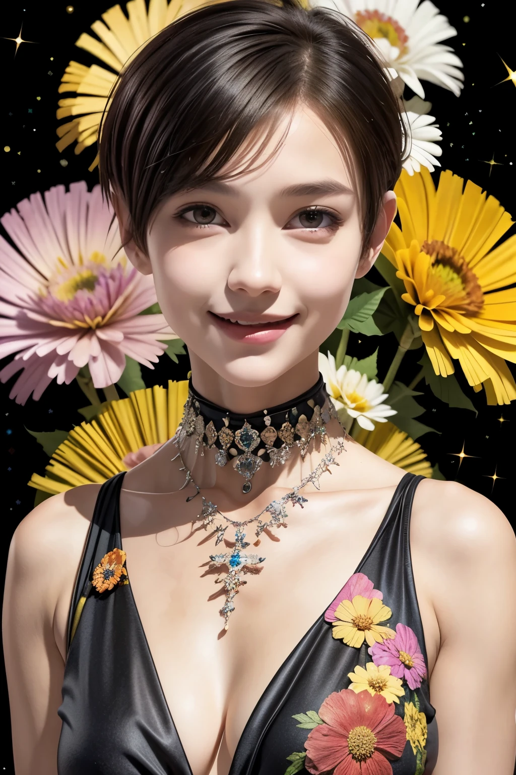 257 20-year-old female, (short hair),(Abstract background,Fractal Art), smile, flower