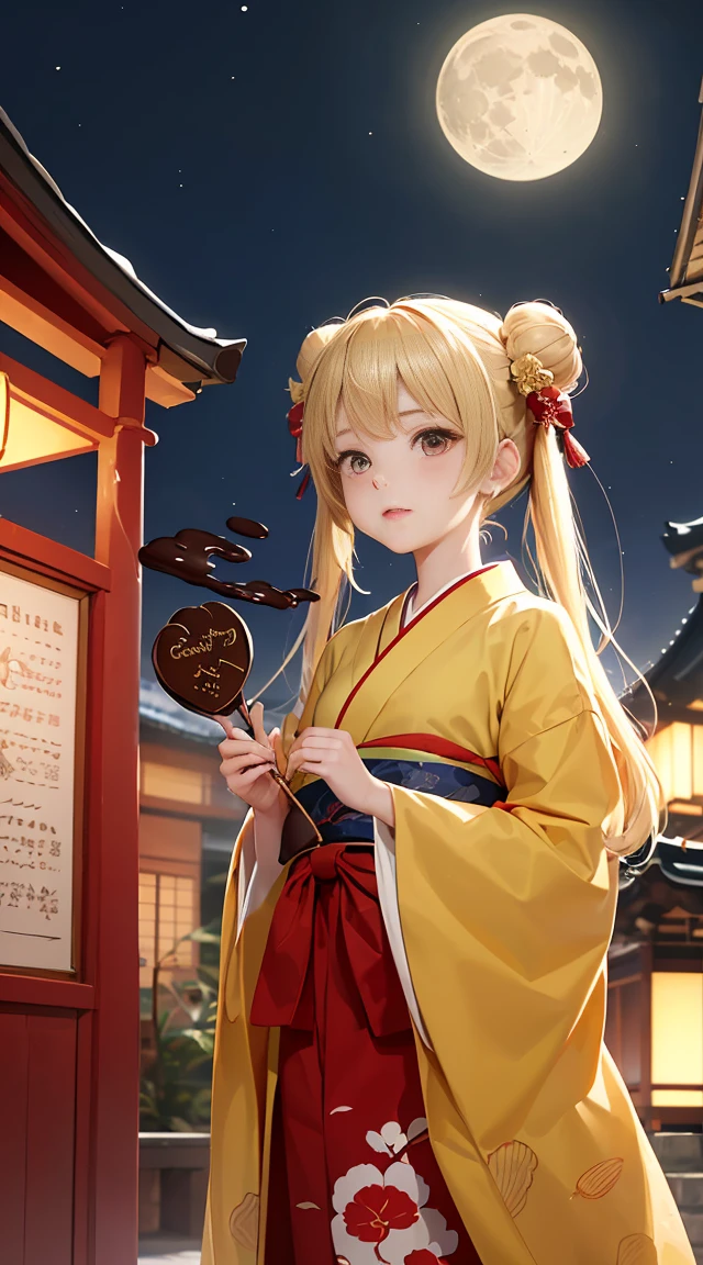 Masterpiece:1.9, ((super fine painting)), ((4k very detailed)), (((very high resolution))), top quality, expressive eyes, perfect face, girl ((beautiful girl: 1.9, petite:, small face, cute: 1.9,)), long hair ((blond hair, straight hair, bun hair, twin tail, hairpin)) (Japanese clothes, sunny, black, gold thread, gorgeous, flower pattern (higanbana, red),)) goddess, cheerful, shrine, night, moon, fair day, ((chocolate banana))),